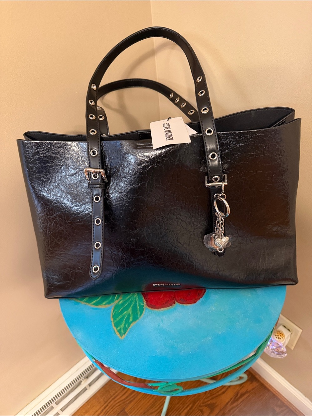 Steve Madden Black Tote with Silver Heart Charm! NWT and beautiful!